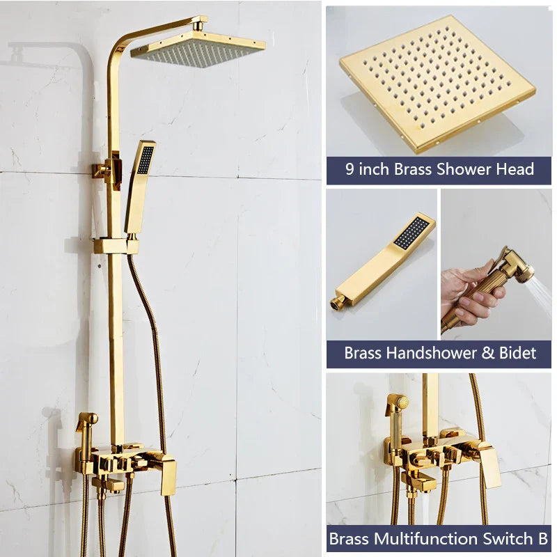 Gold Rainfall Shower Set 8-Inch Wall-Mounted Head