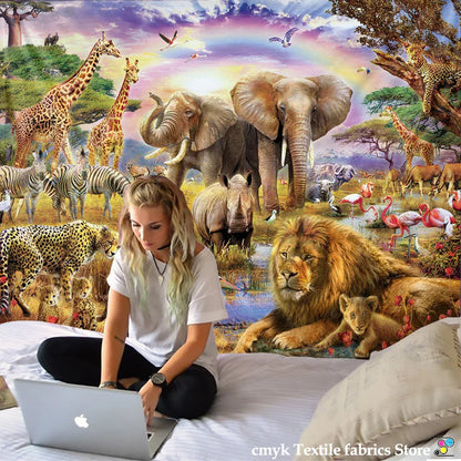 DecorBites™ Lion Tapestry African Grassland Animals Cartoon Wall Hanging Blanket