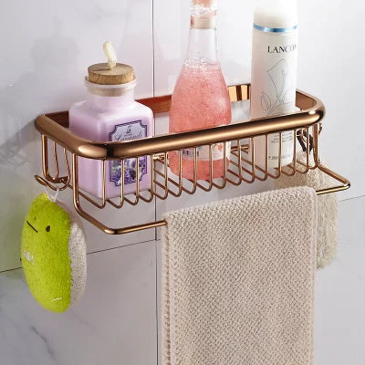 DecorBites™ Gold Brass Bathroom Shelf with Towel Hanger, Shampoo Holder, and Basket