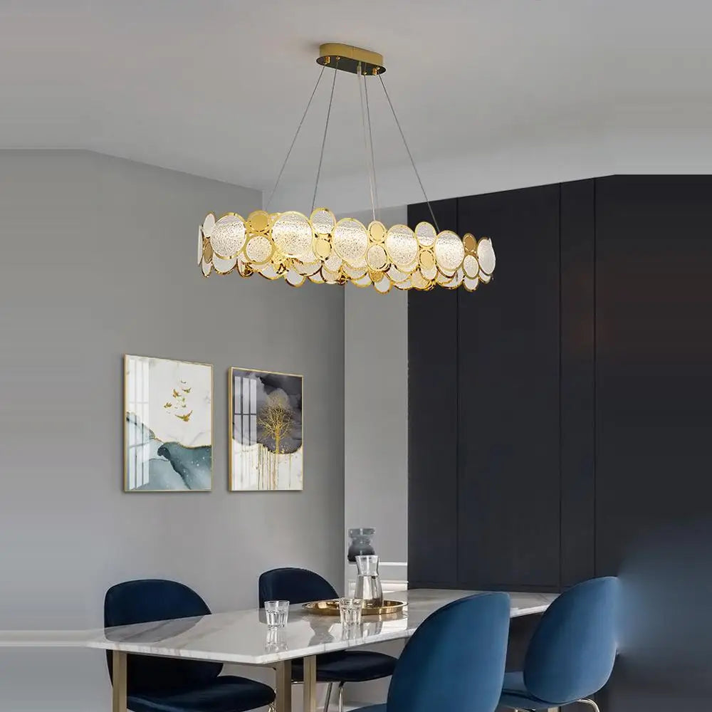 Gold Iron Glass Chandelier Oval93cm Steel Finish