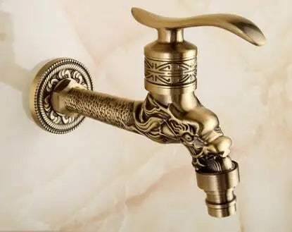 DecorBites™ Dragon Carved Antique Brass Garden Bibcocks Single Cold Tap for Outdoor ★