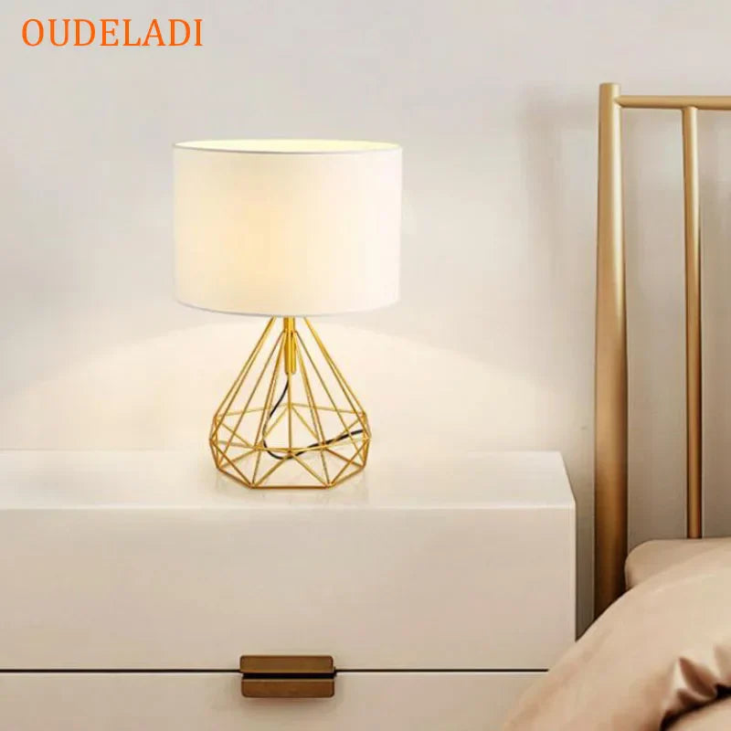 DecorBites™ Geometric Gold Desk Lamp with Hollow Diamond Design and Cloth Shade