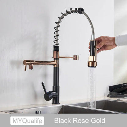 DecorBites™ Black Brass Kitchen Faucet with Dual Spout, 360 Rotation, Deck Mounted