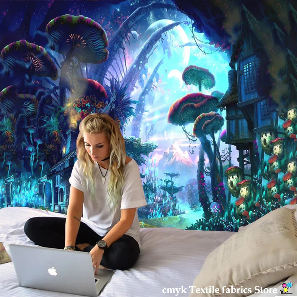 DecorBites™ Dreamy Castle Mushroom Tapestry Psychedelic Wall Hanging Hippie Kids Decor