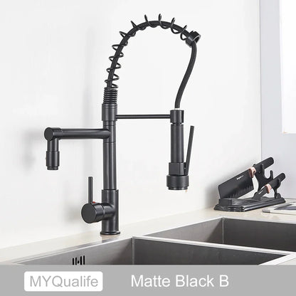 DecorBites™ Black Brass Kitchen Faucet with Dual Spout, 360 Rotation, Deck Mounted