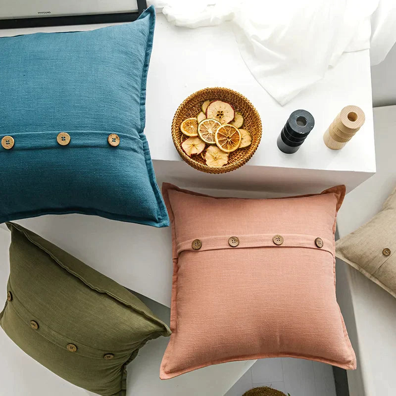 DecorBites™ Cotton Linen Cushion Cover 45x45cm in Pink Blue Green Beige with Coconut Buttons for Home Décor
