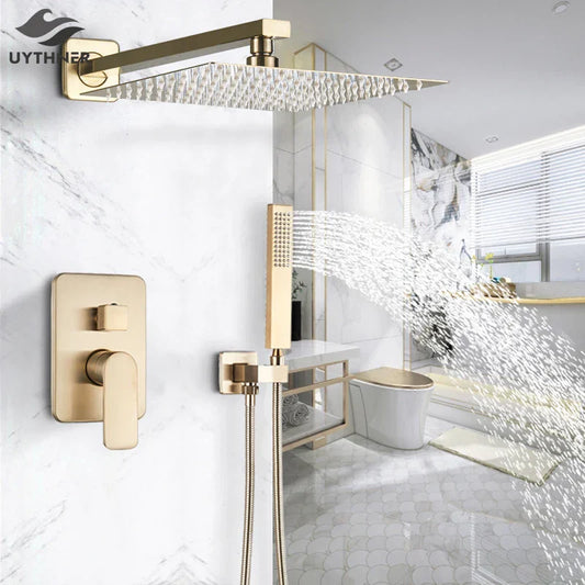 DecorBites™ Golden 8" Rainfall Shower Faucet Set with Handshower - Wall Mounted Luxury Mixer Tap