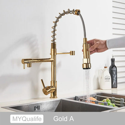 DecorBites™ Black Brass Kitchen Faucet with Dual Spout, 360 Rotation, Deck Mounted