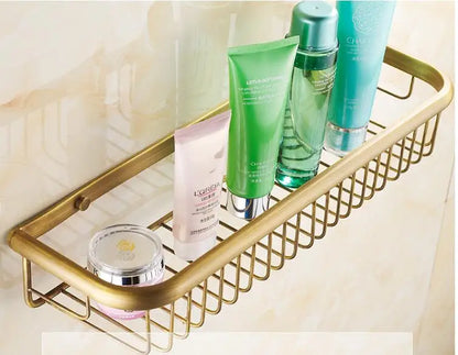 DecorBites™ Gold Brass Bathroom Shelf with Towel Hanger, Shampoo Holder, and Basket