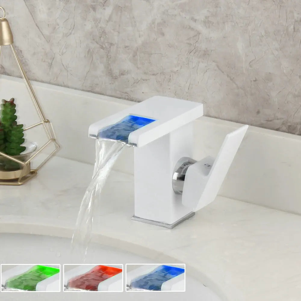 DecorBites™ LED Waterfall Basin Faucet White & Black Mixer Tap Deck Mount Solid Brass