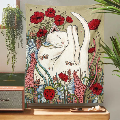 DecorBites™ Cute Cat Botanical Flower Ins Style Cartoon Wall Art Tapestries for Home Decor