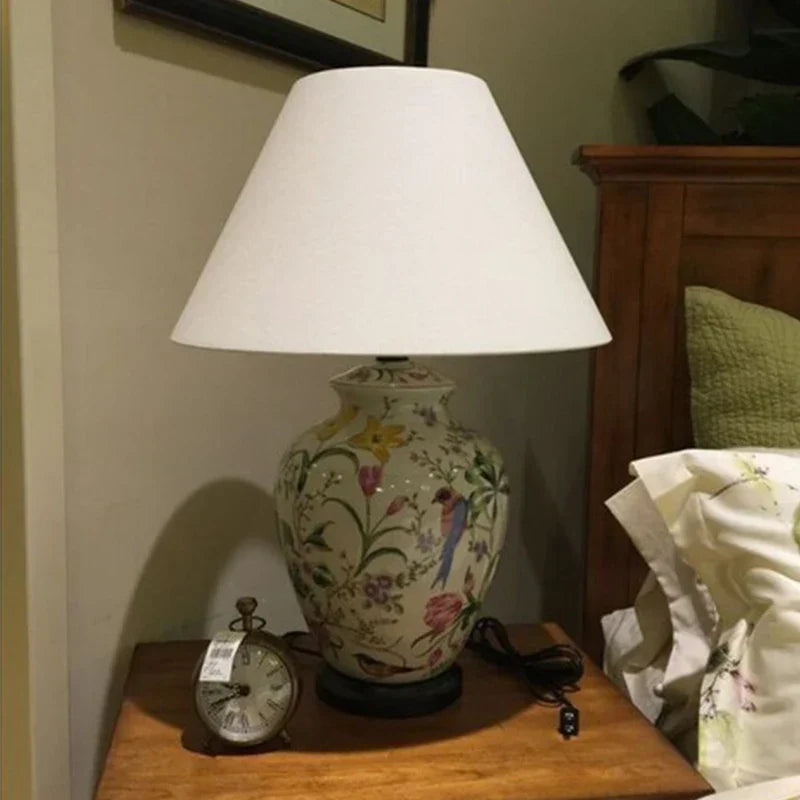 DecorBites™ Coral Flower Bird Ceramic Table Lamp Hand-Painted Crack Glaze Living Room Table Lamp