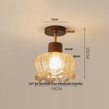DecorBites™ Amber Glass Wood LED Ceiling Light Fixture for Modern Living Room.