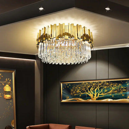 DecorBites™ Gold Crystal Ceiling Lamp: Modern LED Lighting Fixtures for Luxurious Living Rooms.