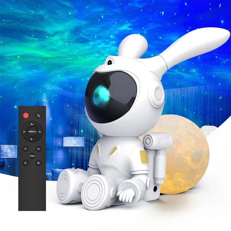 DecorBites™ Galaxy Bunny Astronaut Projector: Moon and Star Night Light for Children