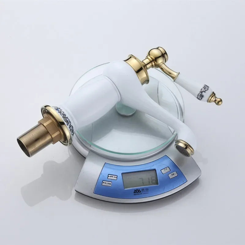 Gold Ceramic Basin Faucet White Ceramic Body