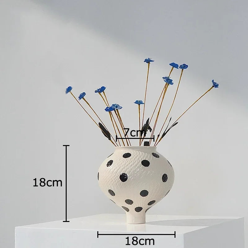 DecorBites™ Black Polka Dot Ceramic Vase for Table Flower Arrangement and Room Decor