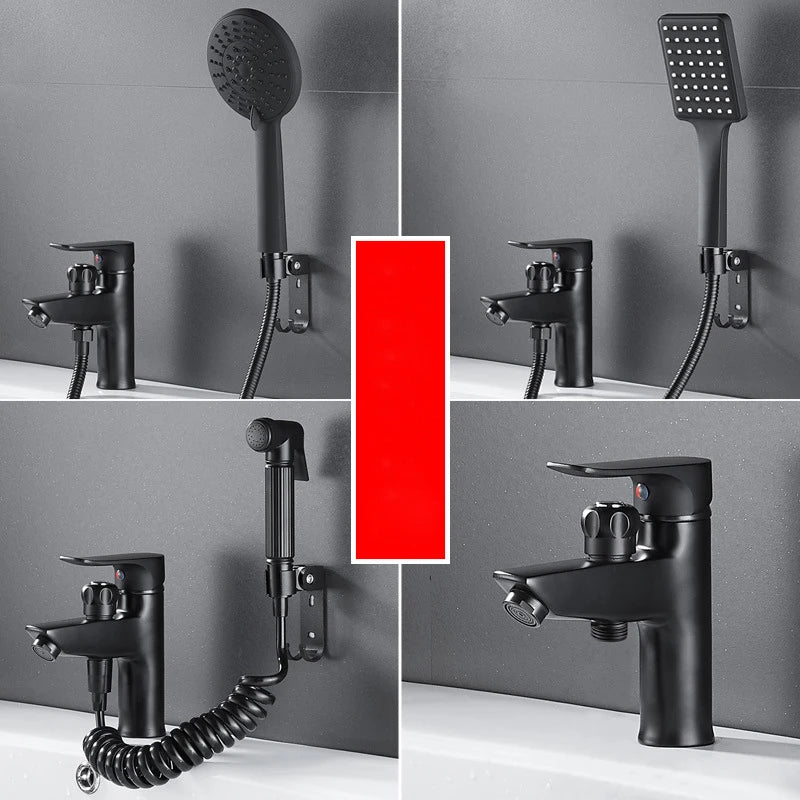 DecorBites™ Black Brass Single Handle Bathroom Basin Faucet with Shower Head, Hot and Cold Mixer Tap