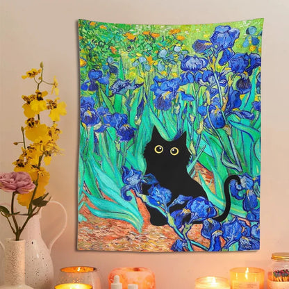 DecorBites™ Irises Cat Tapestry: Van Gogh Inspired Black Cat Art & Floral Print