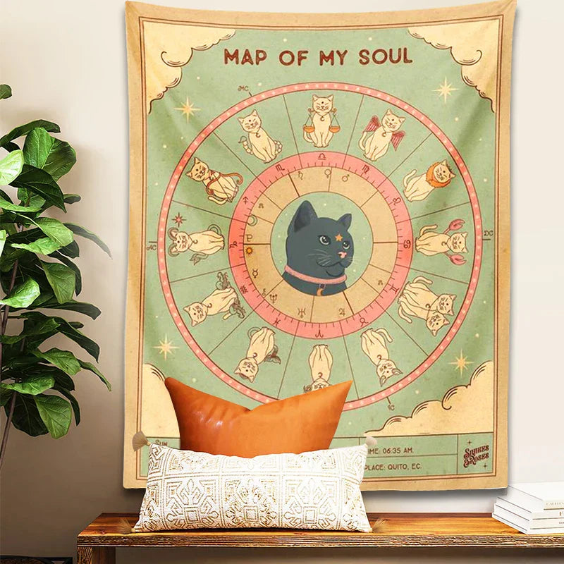 DecorBites™ Cat Tapestry Soul Tarot Zodiac Constellation Wheel Retro Boho Living Room Decor