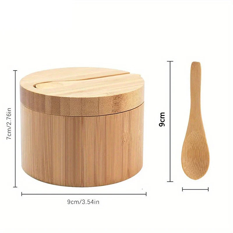 DecorBites™ Bamboo Seasoning Box with Spoon - Rotating Cover Spice Container