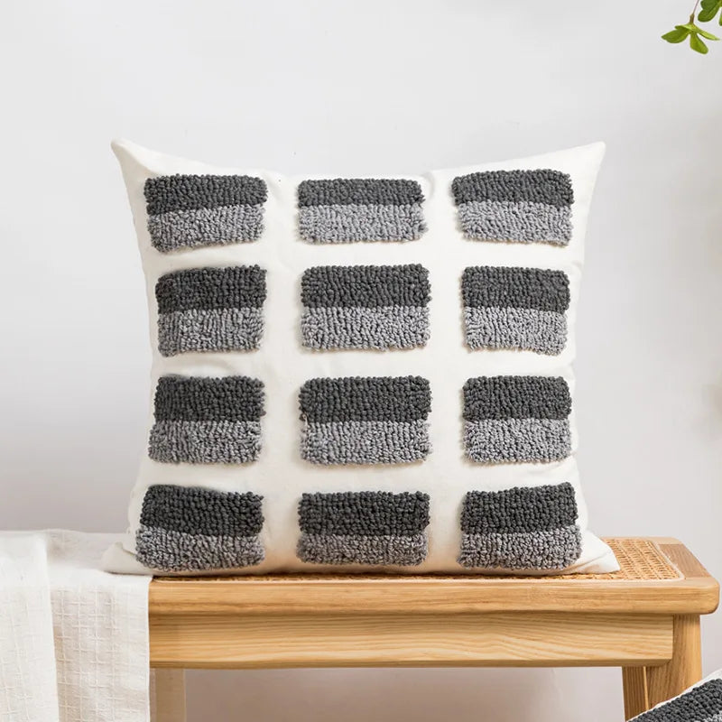 DecorBites™ Geometric Embroidery Boho Loop Tufte Cotton Canvas Cushion Cover 45x45/30x50cm