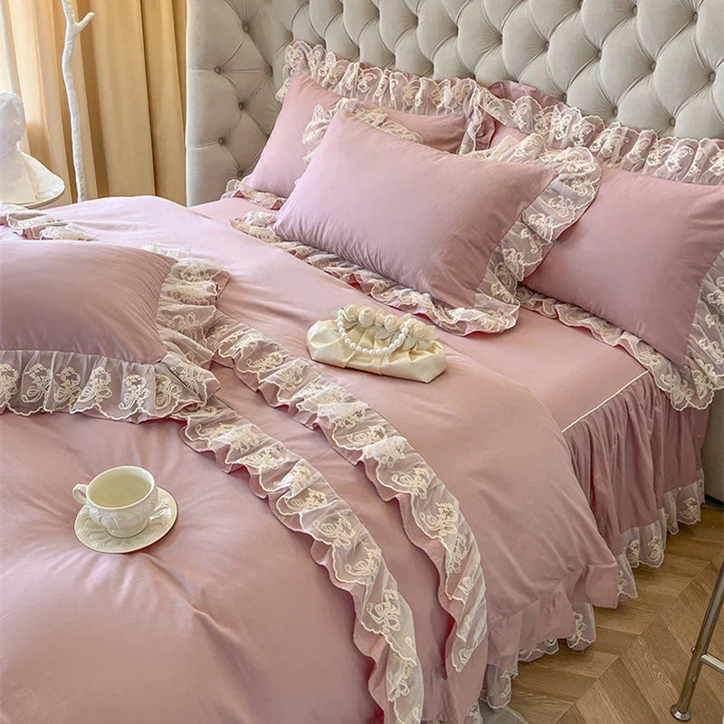 Pink Lace Bedding Set 400TC Fabric 2X2.2m