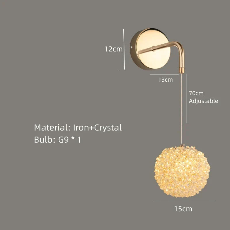DecorBites™ Gold Metal Crystal Wall Light for Bedroom, Stairs, Aisle - Adjustable Wire, G9 Bulb