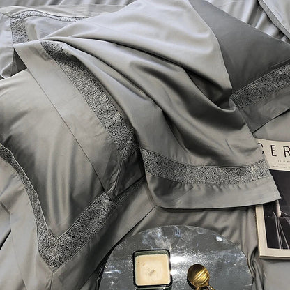 DecorBites™ Grey Hollow Lace 1000TC Egyptian Cotton Bedding Set with Wide Edge
