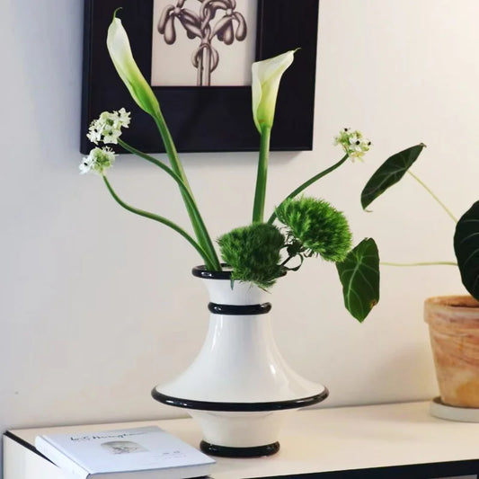DecorBites™ Geometric Black White Stripes Ceramic Vase Home Decor Floral Arrangement