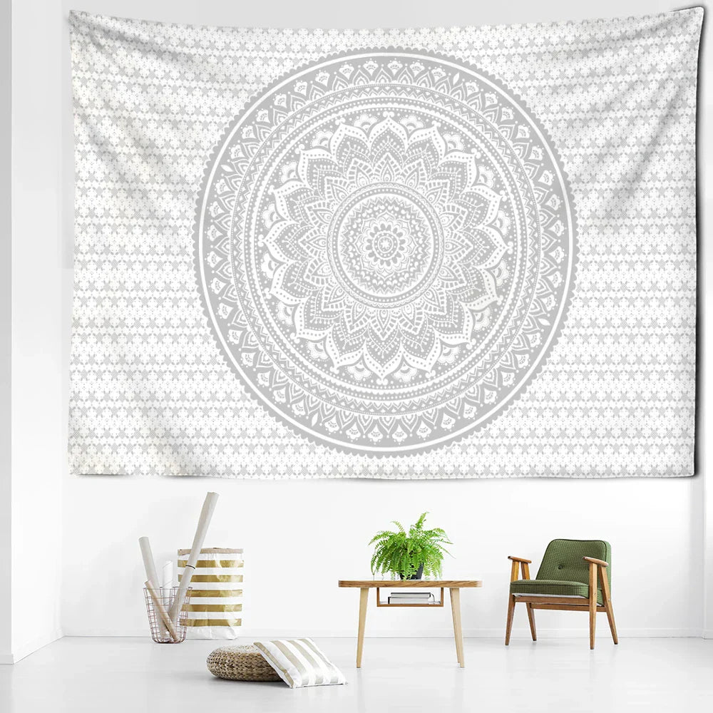 DecorBites™ Grey Mandala Tapestry Wall Hanging Psychedelic Hippie Art for Aesthetic Home Decor