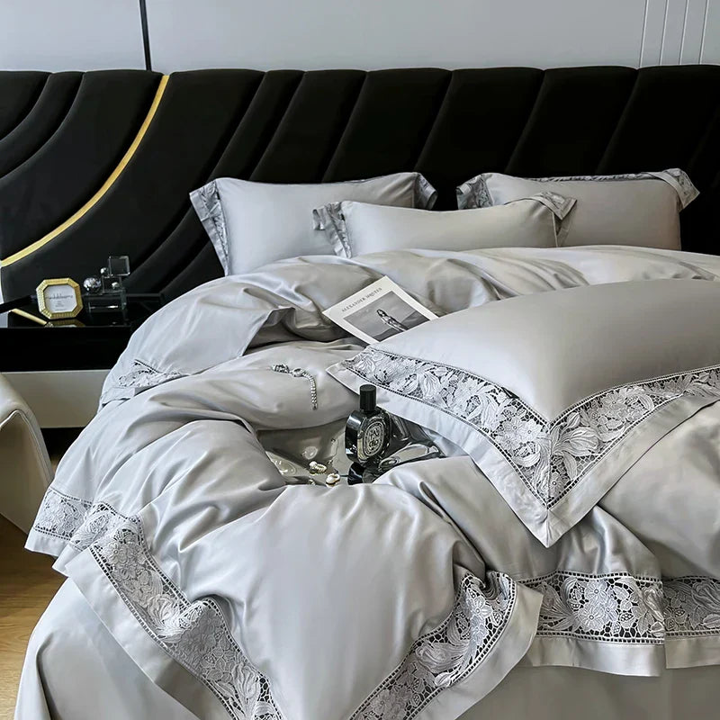 DecorBites™ Luxe 1500TC Egyptian Cotton Lace Wide Edge Bedding Set: Duvet Cover, Sheet, Pillowcases