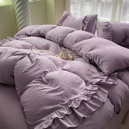 DecorBites™ Korean Princess Ruffles Bedding Set - Soft Microfiber, Duvet Cover Pillowcases - All Sizes