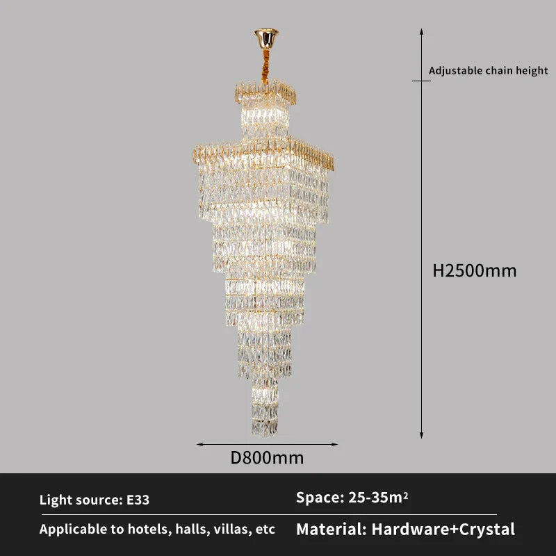 DecorBites™ Crystal Hollow Stair Chandelier for Duplex Villa and Hotel Lobby