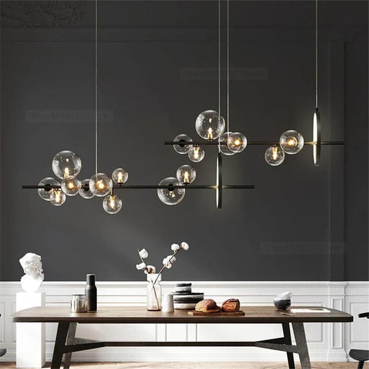 DecorBites™ Glass Ball LED Chandelier: Modern Long Pendant Lighting for Living Room and Shop