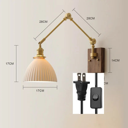 DecorBites™ Copper Swing Arm LED Wall Sconce Pull Chain Switch Rotate Walnut Canopy