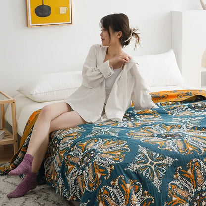 DecorBites™ Ethnic Cotton Blanket & Throw - Breathable Gauze Summer Quilt - Boho Decor Bedspread