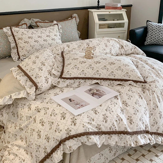 DecorBites™ French Floral Bedding Set, 100% Cotton, Ruffles, Duvet Cover, Bed Sheet, Pillowcases