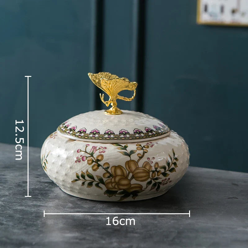 DecorBites™ Dragonfly Lid Ceramic Jewelry Box - Round Floral Pattern Storage Jar