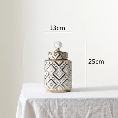 DecorBites™ Geometric Golden Relief Decorative Jar - Ceramic Crystal Vase Storage Jar