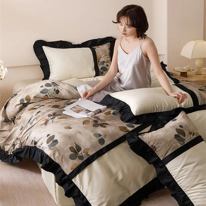 DecorBites™ Ice Rayon Summer Bedding Set with Lace - Silky & Cozy Single/Double Bed Set
