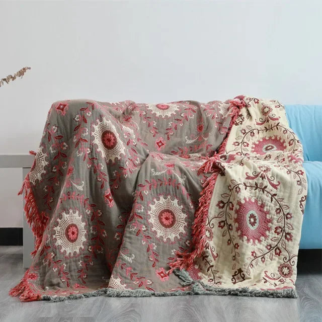 DecorBites™ Gauze Flowers Double-Sided Cotton Throw Blanket with Tassels
