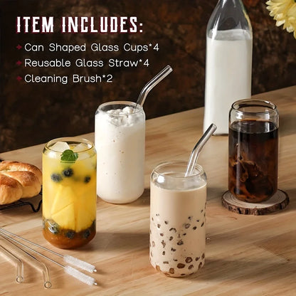 DecorBites™ Glass Drinking Glasses Set with Straws - 4-Piece Can Shaped Cups