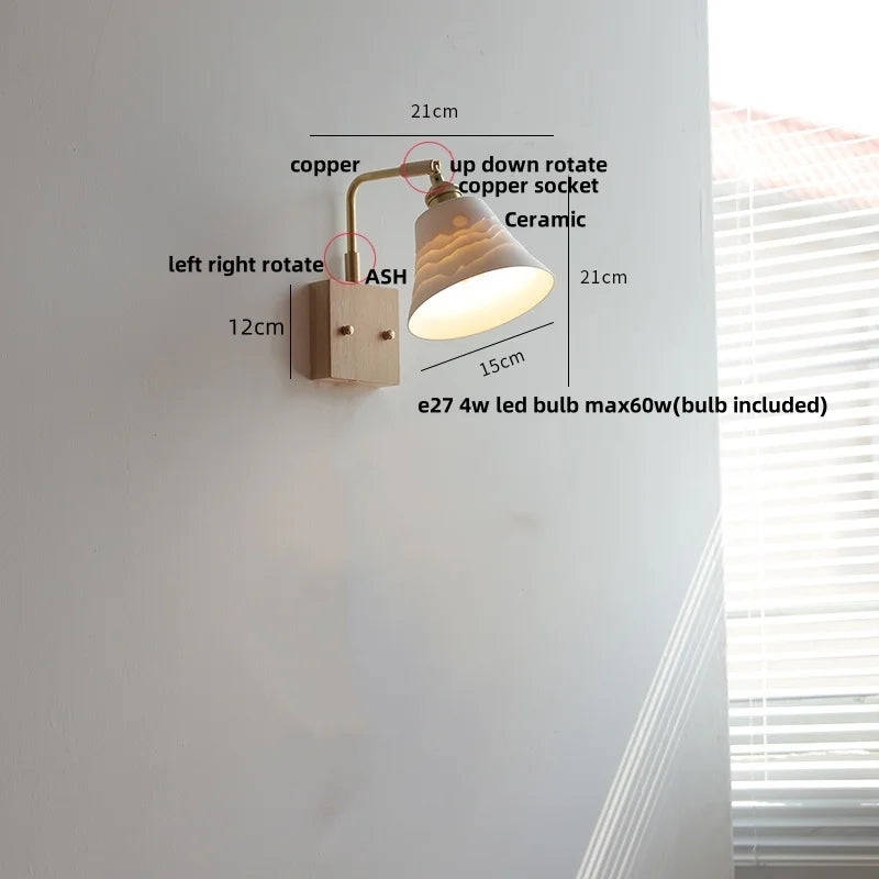 DecorBites™ Globe Ceramic LED Wall Lights Walnut Wood Sconce Rotatable Bedside Lamp