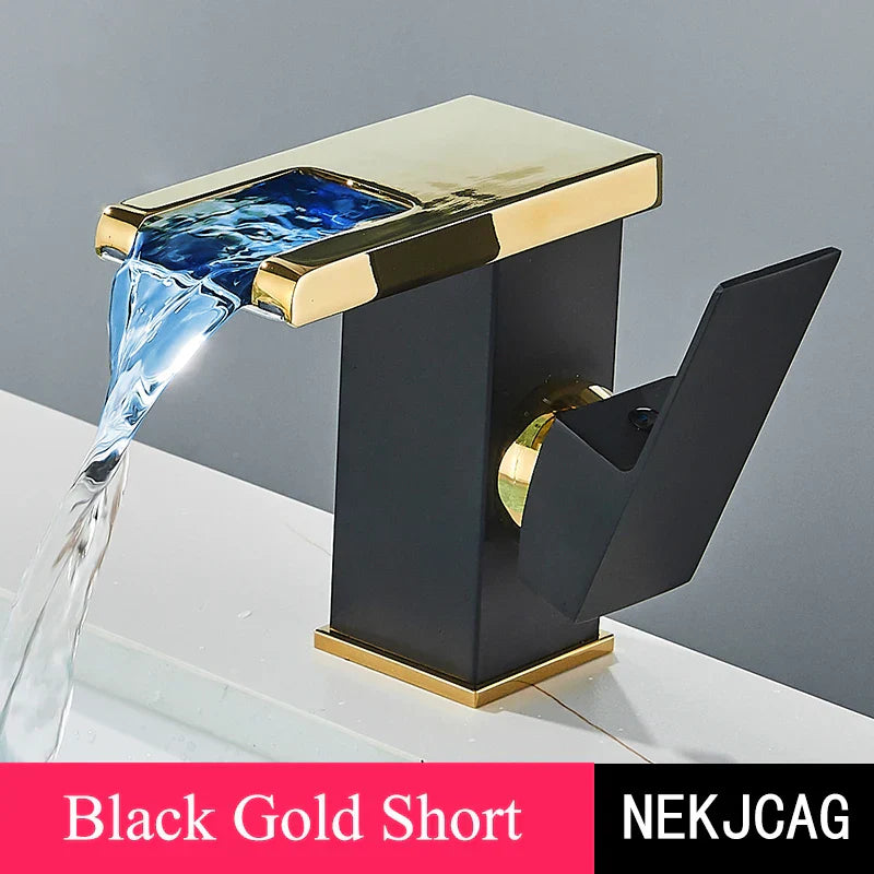 DecorBites™ LED Waterfall Basin Faucet: Black Mixer Tap with Light, Deck Mount Kitchen Sink