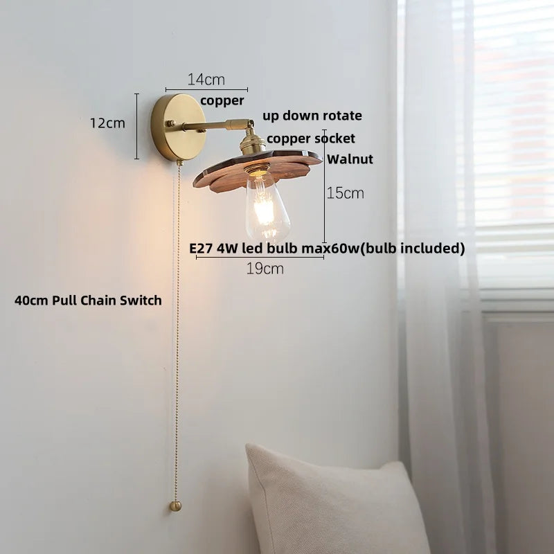 DecorBites™ LED Walnut Wood Wall Lamp Pull Chain Switch Modern Indoor Light