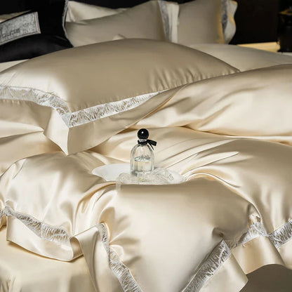 DecorBites™ Luxe Brocade & Egyptian Cotton Bedding Set with Hollow Lace Edge