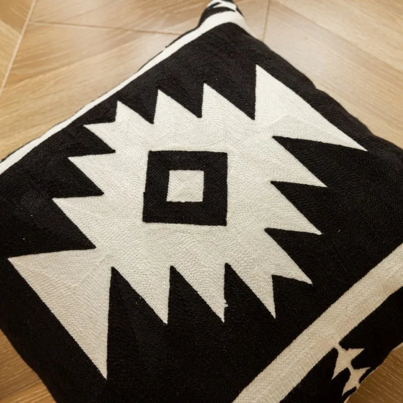 DecorBites™ Geometric Embroidered Cushion Cover - Modern Black & White Pillowcase for Home Sofa