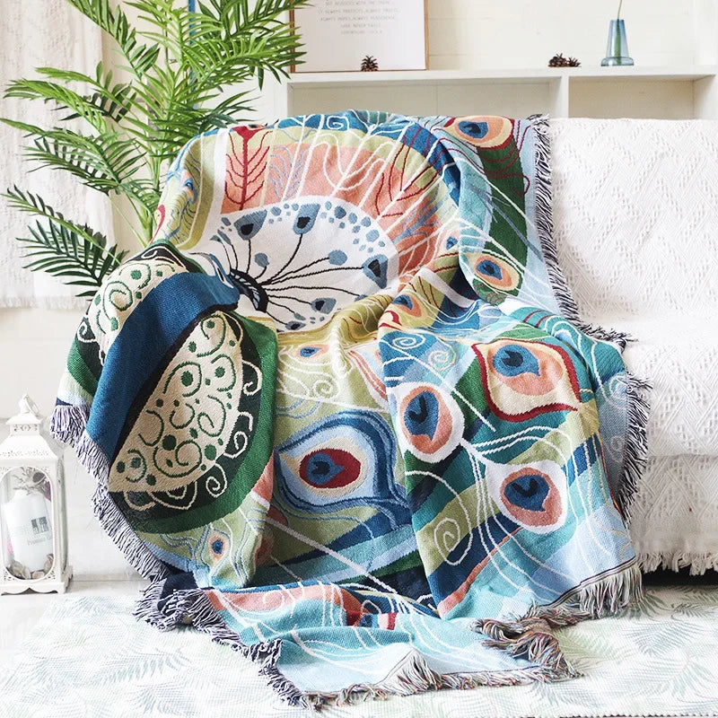 DecorBites™ Knit Sofa Blanket Cover - Butterfly and Peacock Design for Single and Double Sofas.