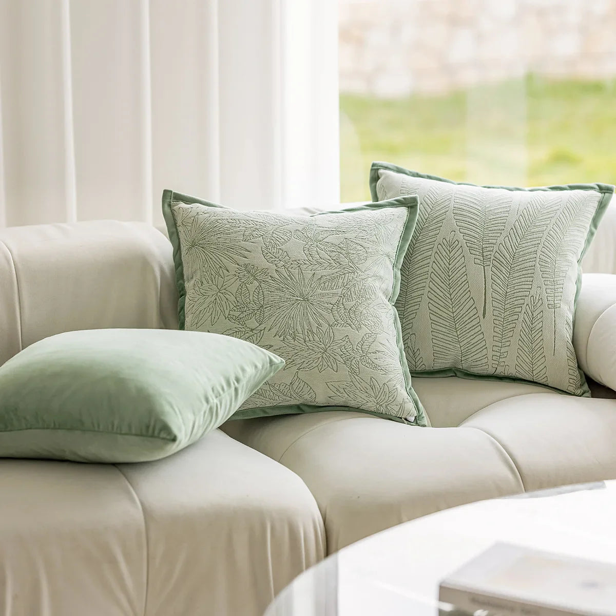 DecorBites™ Green Plant Jacquard Pillow Covers for Light Luxury Living Room Decor